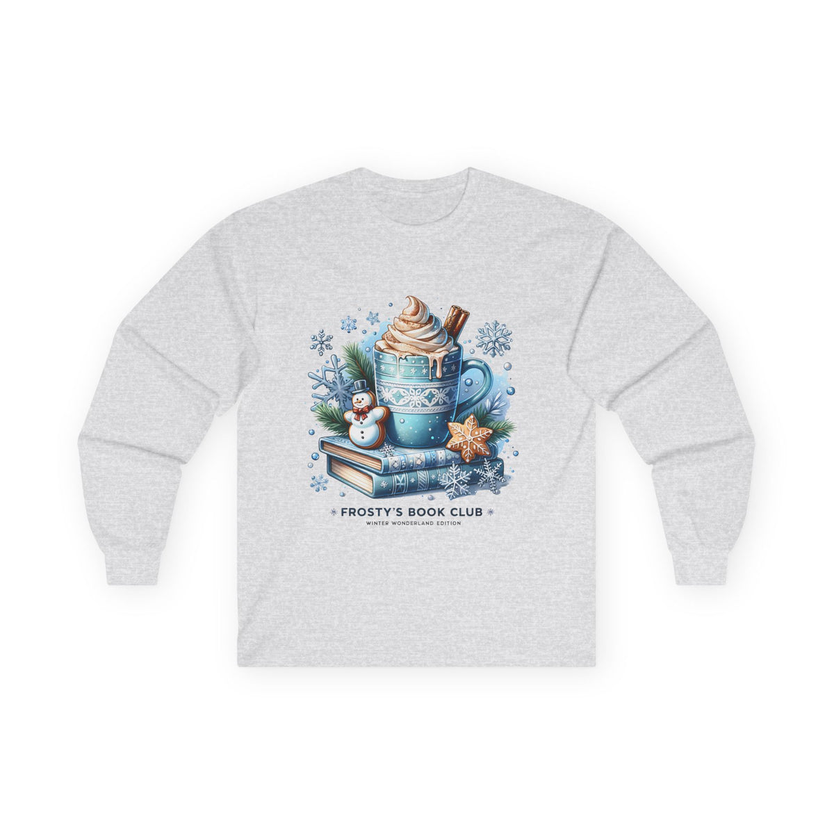 Frosty's Book Club Long Sleeve Tee — 'Frosty's Book Club' Cozy Hot Cocoa Design