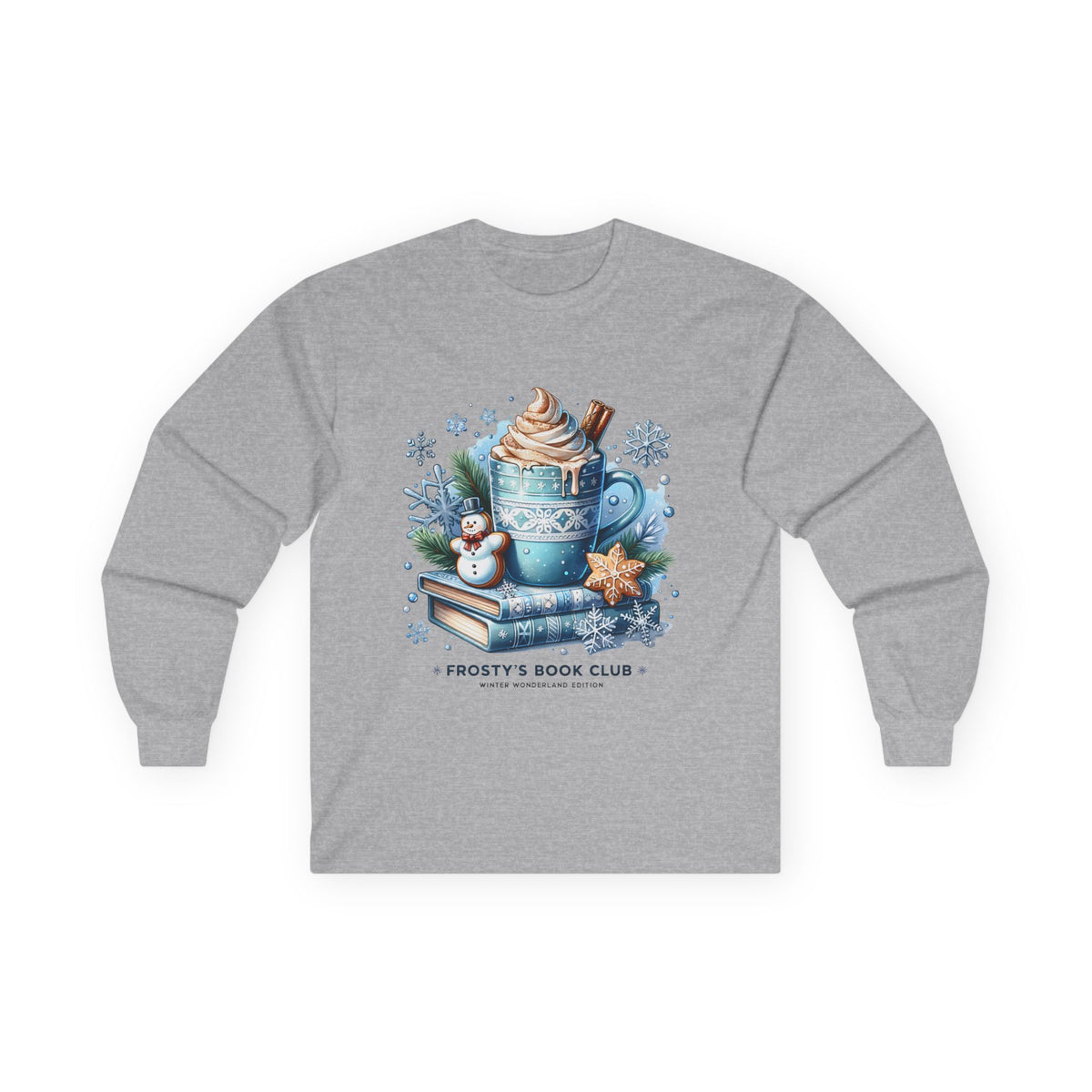 Frosty's Book Club Long Sleeve Tee — 'Frosty's Book Club' Cozy Hot Cocoa Design